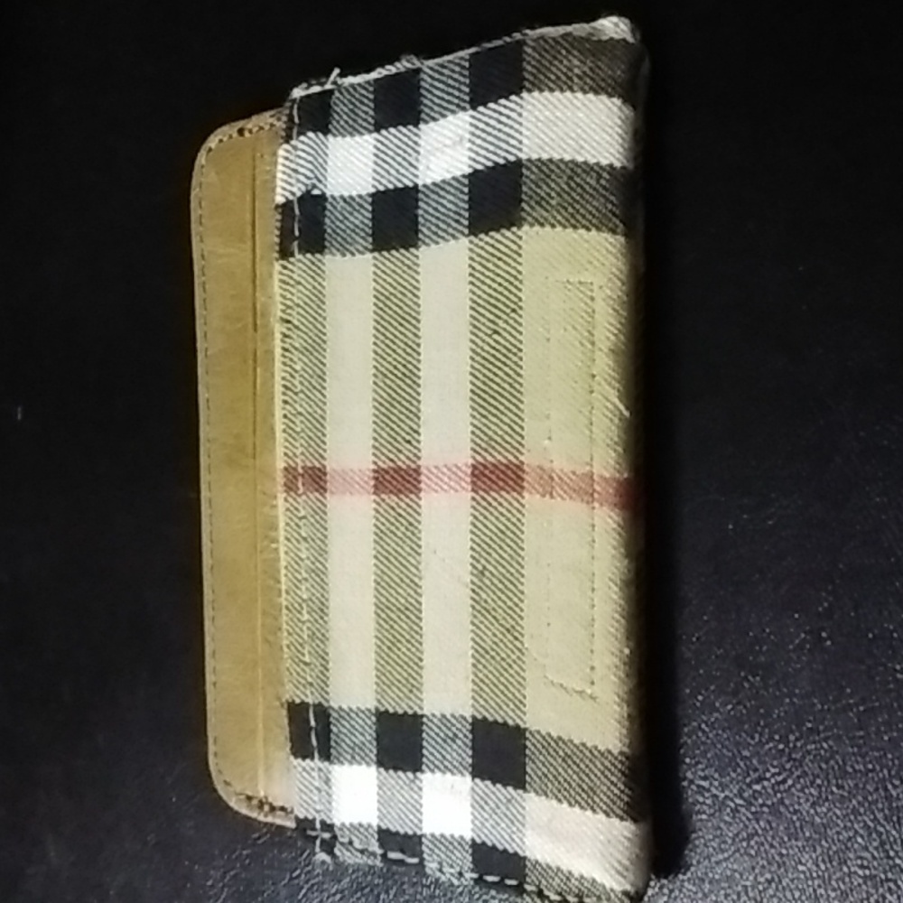 Men's leather wallet. Burberry fabric. Tan.